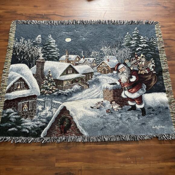 Vintage Nicky Boehme Christmas Throw Blanket Tapestry 50x66 Fringe Santa Village - Picture 1 of 2